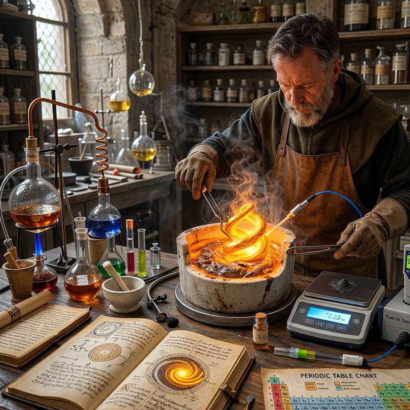 Laboratoire d'alchimie avec instruments anciens