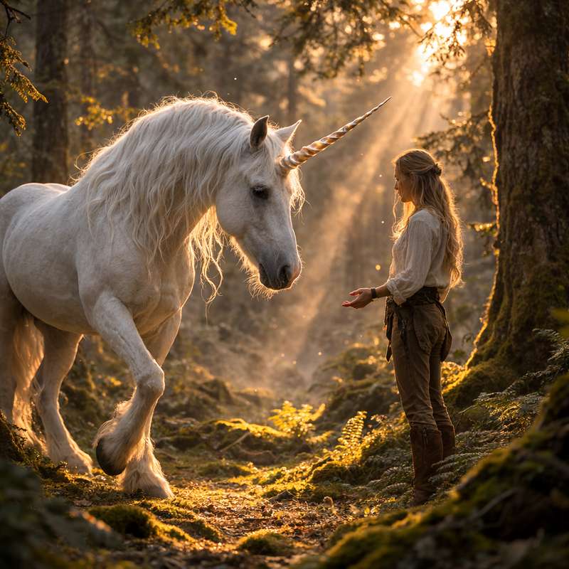Licorne sauvage apprivoisée en forêt