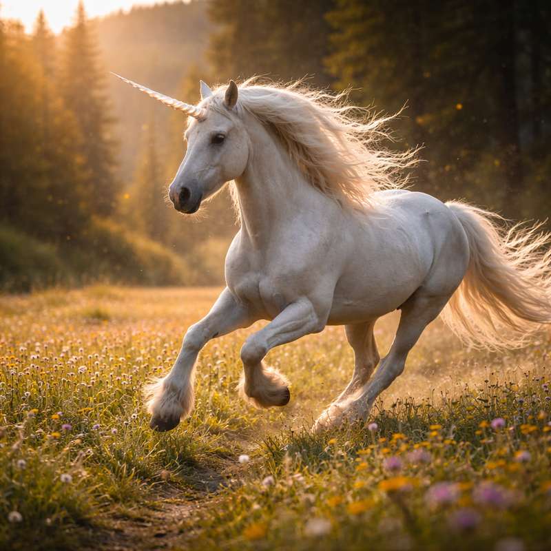 Licorne galopant dans la clairière enchantée