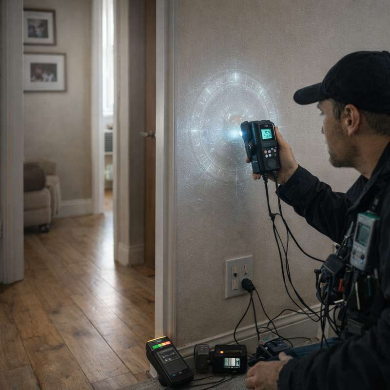 Technicien scellant une zone hantée avec dispositif lumineux